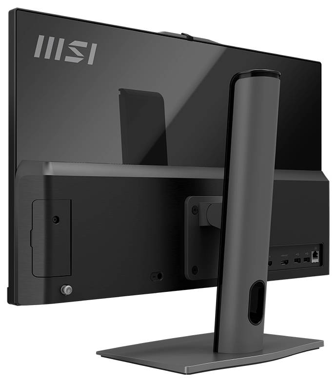 Ein Computer-Monitor aus Rückansicht mit elegantem, schwarzem Design und sichtbaren Anschlüssen an der Seite. Zu erkennen ist ein Logo oben links.