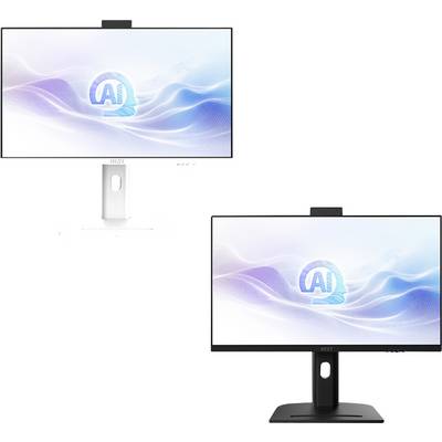 Zwei Monitore, die ein blaues 'AI'-Logo auf einem wellenförmigen Hintergrund anzeigen. Ein Monitor steht auf einem weißen Ständer, der andere auf einem schwarzen Ständer.