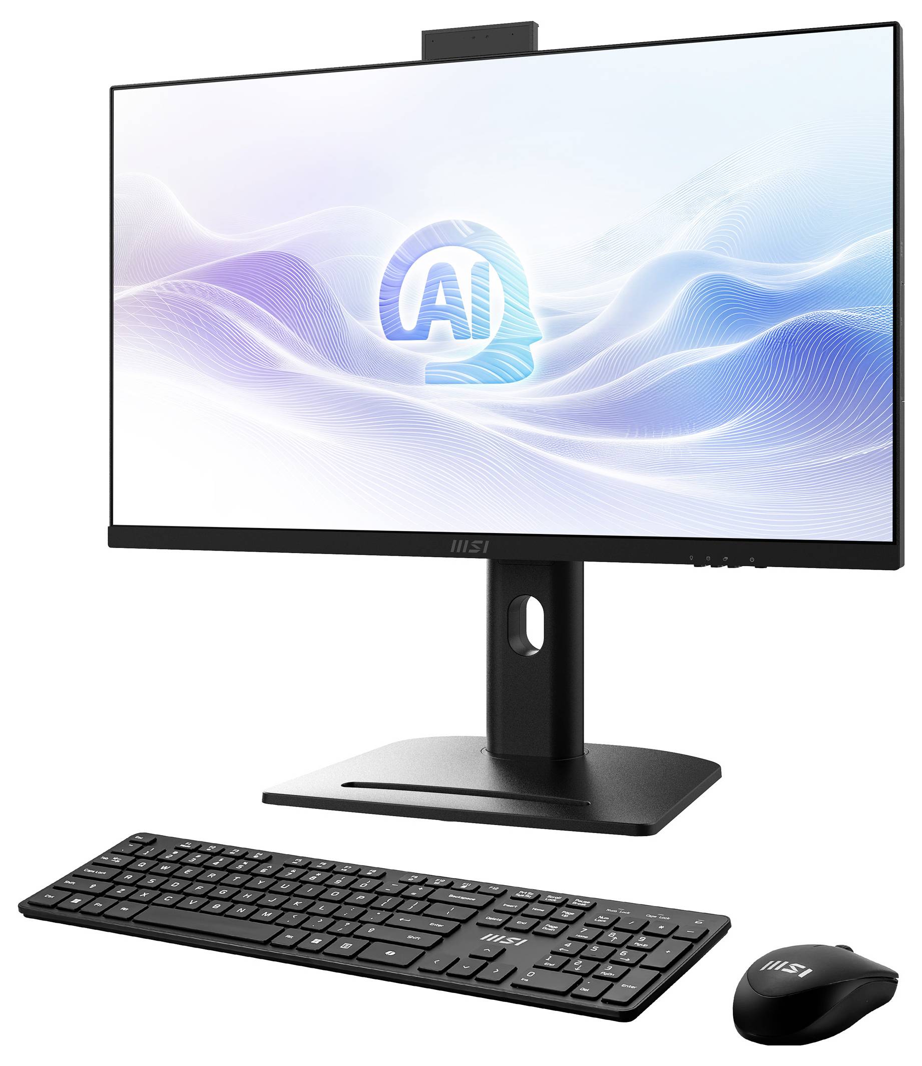 Computermonitor mit einer KI-Grafik auf dem Bildschirm, dargestellt mit einer kabellosen Tastatur und Maus auf einem Ständer.