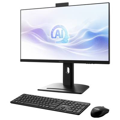 Computermonitor mit einer KI-Grafik auf dem Bildschirm, dargestellt mit einer kabellosen Tastatur und Maus auf einem Ständer.