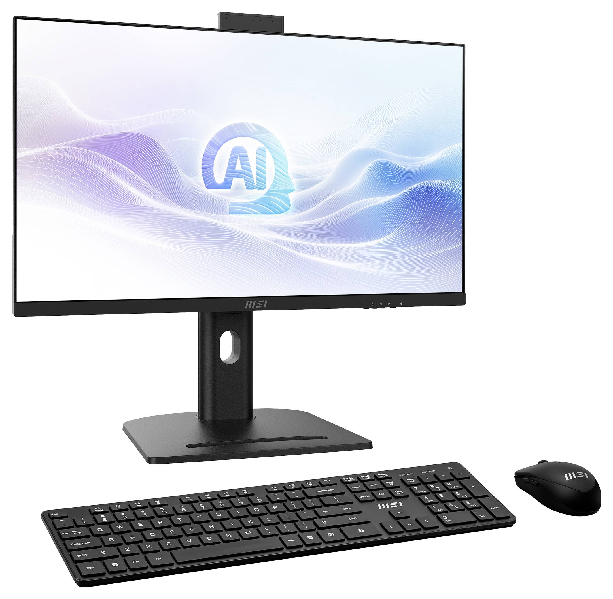 MSI-Desktop-Monitor auf Ständer mit KI-Grafik, plus kabelloses Keyboard und Maus auf weißem Hintergrund.