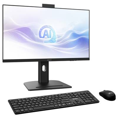 MSI-Desktop-Monitor auf Ständer mit KI-Grafik, plus kabelloses Keyboard und Maus auf weißem Hintergrund.
