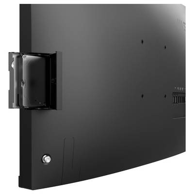 Rückansicht eines Flachbildfernsehers oder Monitors mit einer Wandhalterung, Befestigungslöchern und Lüftungsöffnungen auf der Rückseite.