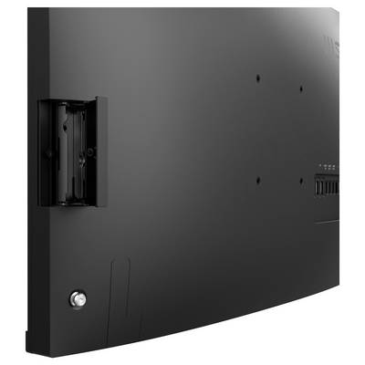 Rückansicht eines Flachbildfernsehers mit Wandhalterung, Anschlüssen und sichtbarem Stativschraubenloch.
