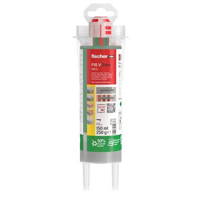 Fischer FIS V Zero Chemikalienabfallpatrone, 150 ml, 250 g, in einer durchsichtigen Applikatorröhre mit rotem Etikett und doppelten Düsenspitzen.