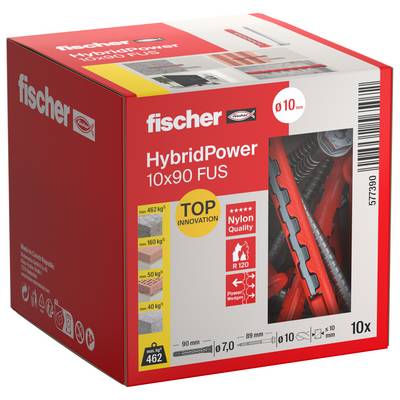 Red Fischer HybridPower 10x90 FUS Steckdosenkasten mit Produktspezifikationen und sichtbarer Dübeleinsatz durch das vordere Fenster.