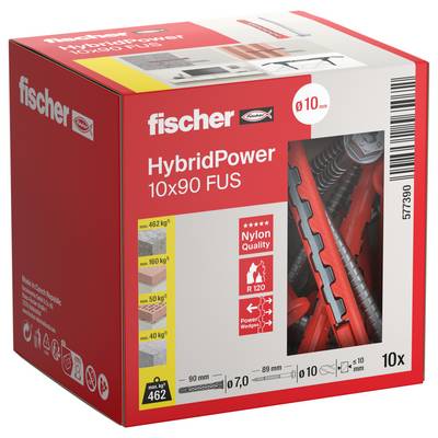 Rote Verpackungsbox für 'fischer HybridPower 10x90 FUS', zeigt Nylondübel, Befestigungsfestigkeiten, mit '10x' Mengendetails.