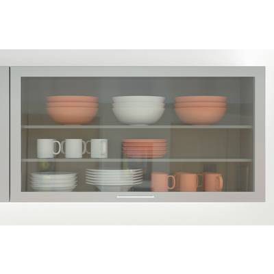 Glassfront-Schrank mit sauber gestapelten Pastellschüsseln, Tellern und Tassen auf drei Regalen.