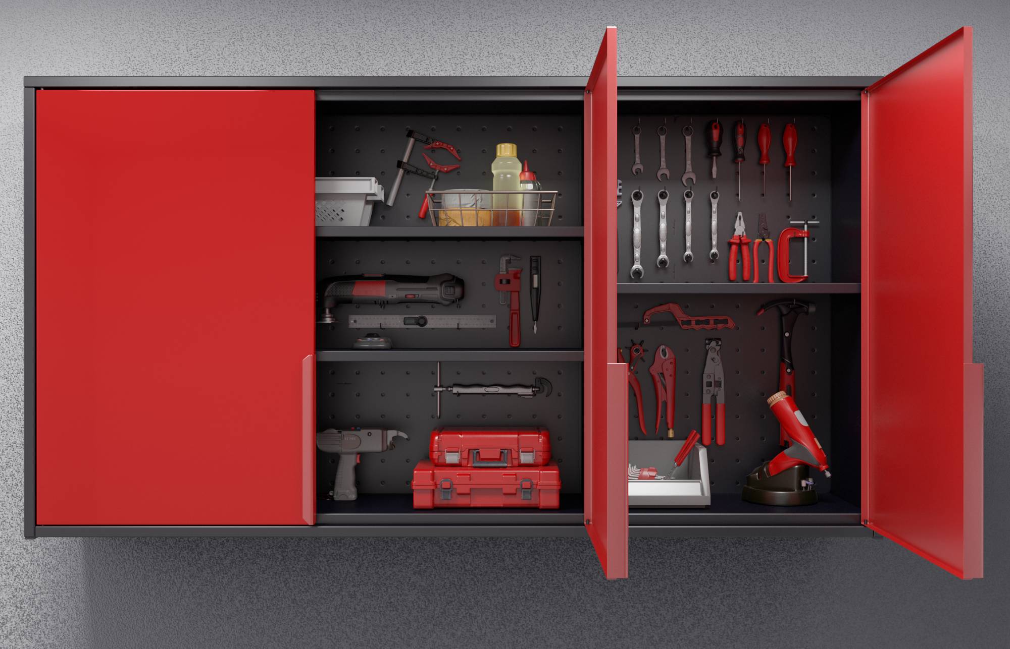 Offener roter Wandschrank organisiert mit Werkzeugen: Schraubenzieher, Schraubenschlüssel, Bohrmaschine, Säge, Zange, Hammer und rote Werkzeugkästen.