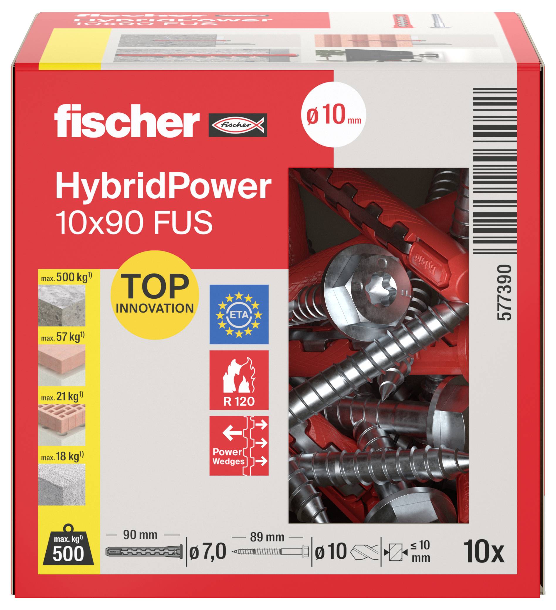 Paket Fischer HybridPower 10x90 FUS Wandanker, zeigt Produktname, 10-mm-Größe und Ankerdarstellungen mit Festigkeitseinstufungen und Zertifizierungen.