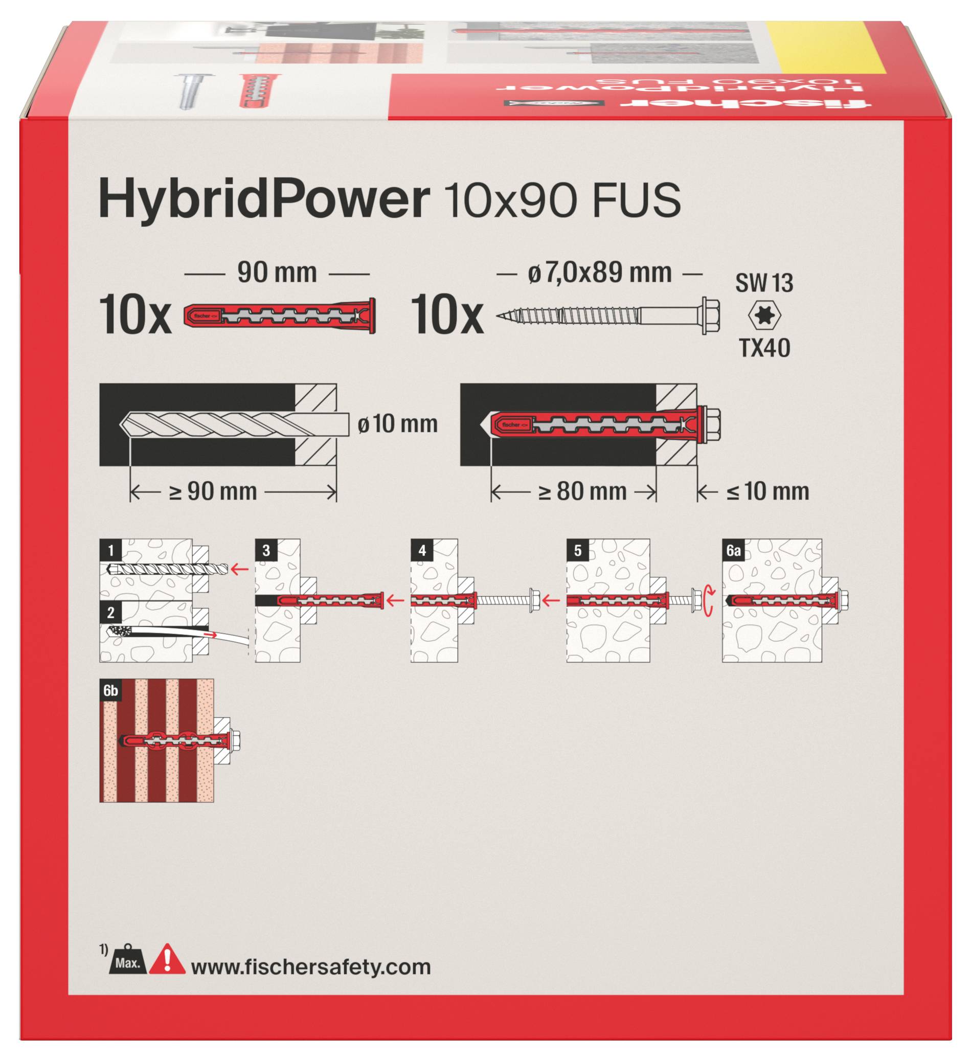 Verpackungsdiagramm für „HybridPower 10x90 FUS" mit 10 Ankern und 10 Schrauben, mit Abmessungen, Bohrlochabmessungen und schrittweise Installationsabfolge.