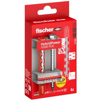 Verpackung von Red Fischer Wandstecker für "fischer HybridPower 10x90 FUS" mit einer Querschnitt-Ankerillustrationen und "4x" Menge.