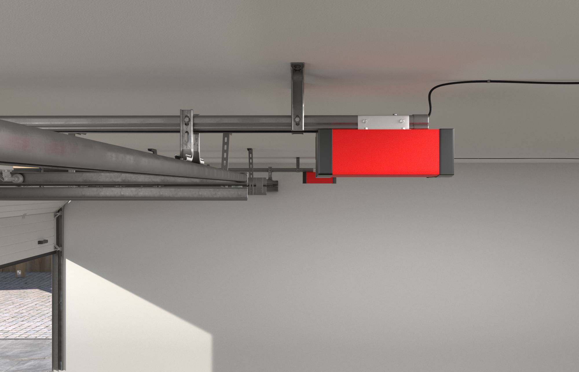 Rotes Garagentor-Öffnersystem an der Decke über einem geschlossenen Garagentor montiert, mit sichtbaren Schienen und Aufhängungsvorrichtungen.
