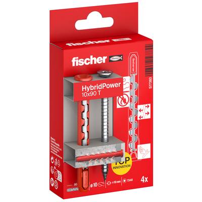 Fischer Rotdübel-Verpackung für „HybridPower 10x90 T" mit Querschnittsdarstellung des Dübels und 4er-Menge.
