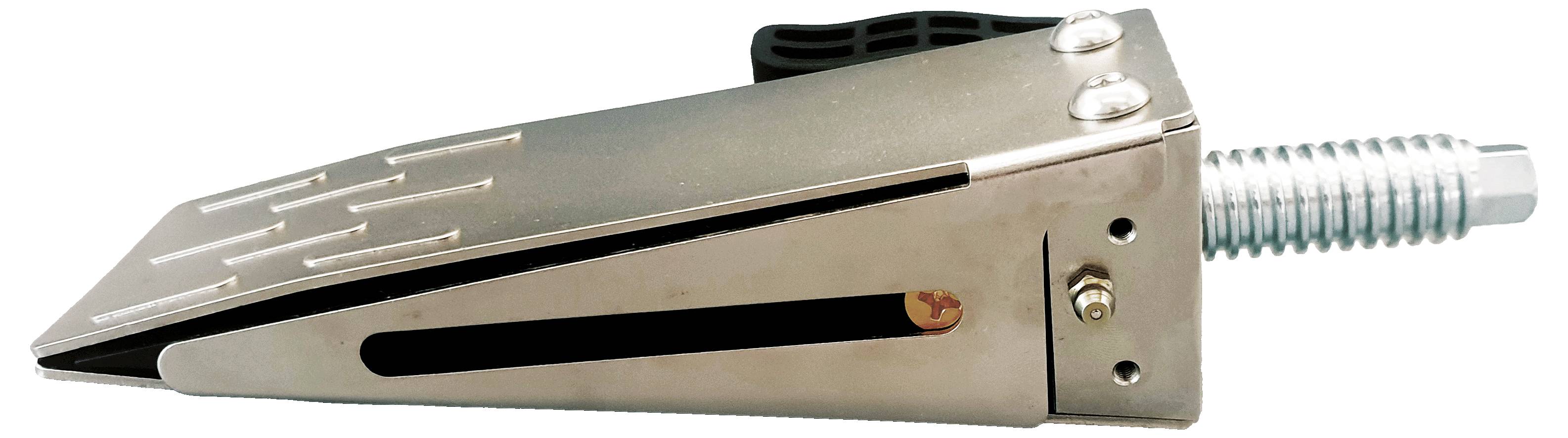 Metallisches Gerät mit keilförmiger, strukturierter Oberfläche und einer Schraube an einem Ende, möglicherweise eine Klemme oder ein Verschluss, zum Sichern von Objekten.