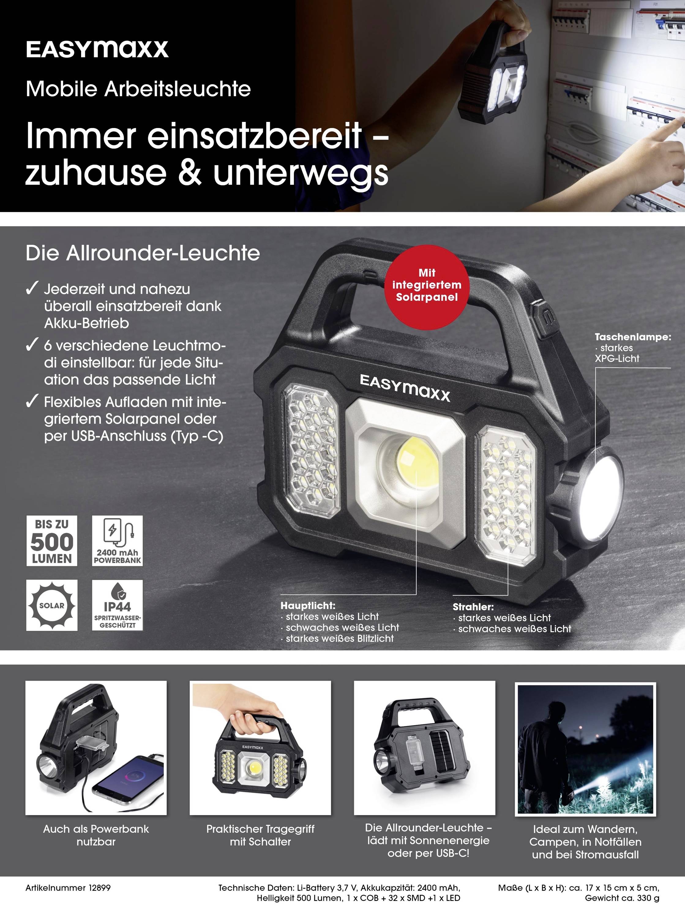 easymaxx 12899 LED, COB LED Arbeitsleuchte akkubetrieben, solarbetrieben-20