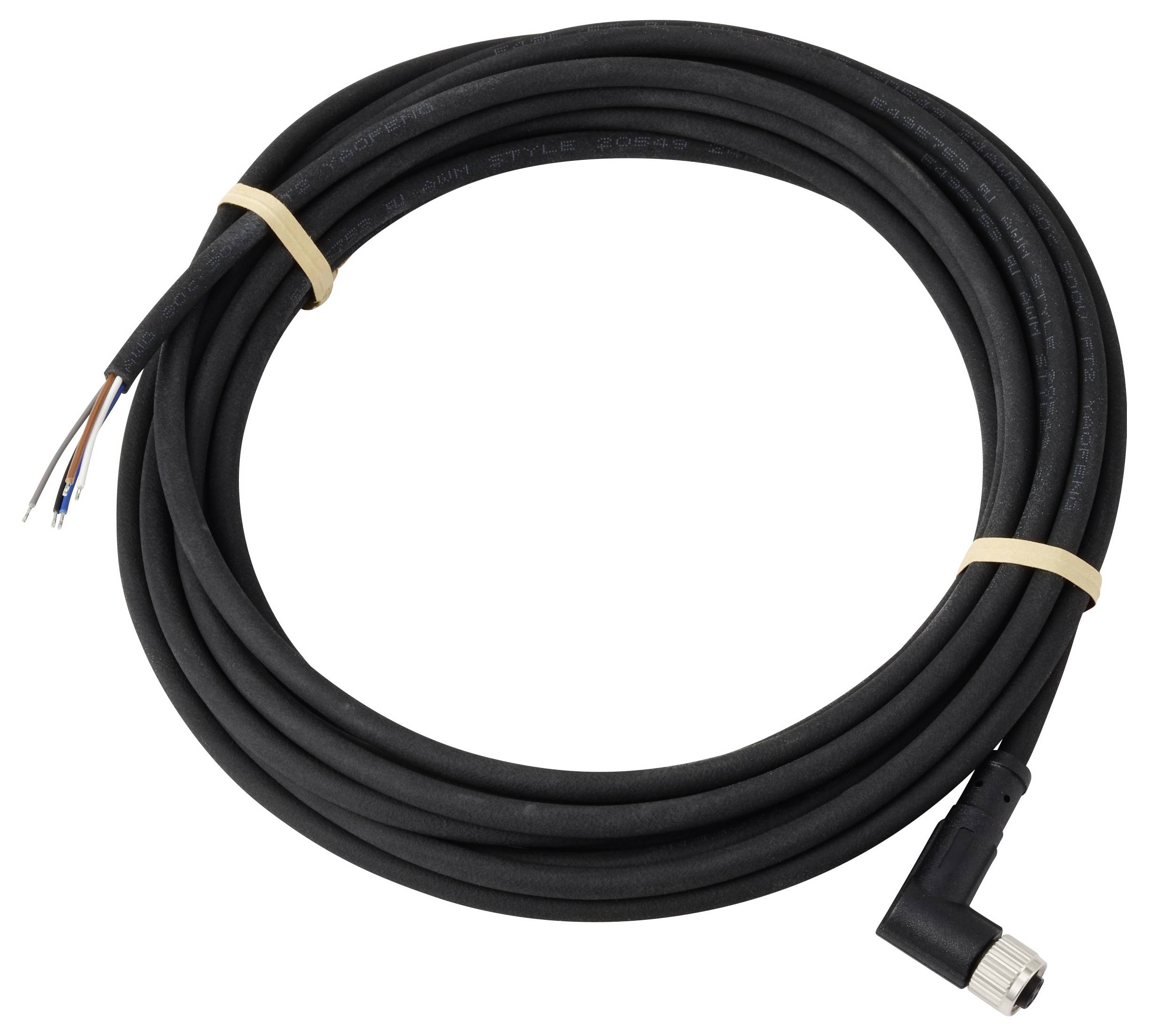 Ein gewickeltes schwarzes Kabel mit freigelegten Drähten an einem Ende und einem Winkelstecker am anderen Ende, mit Gummibändern gesichert.