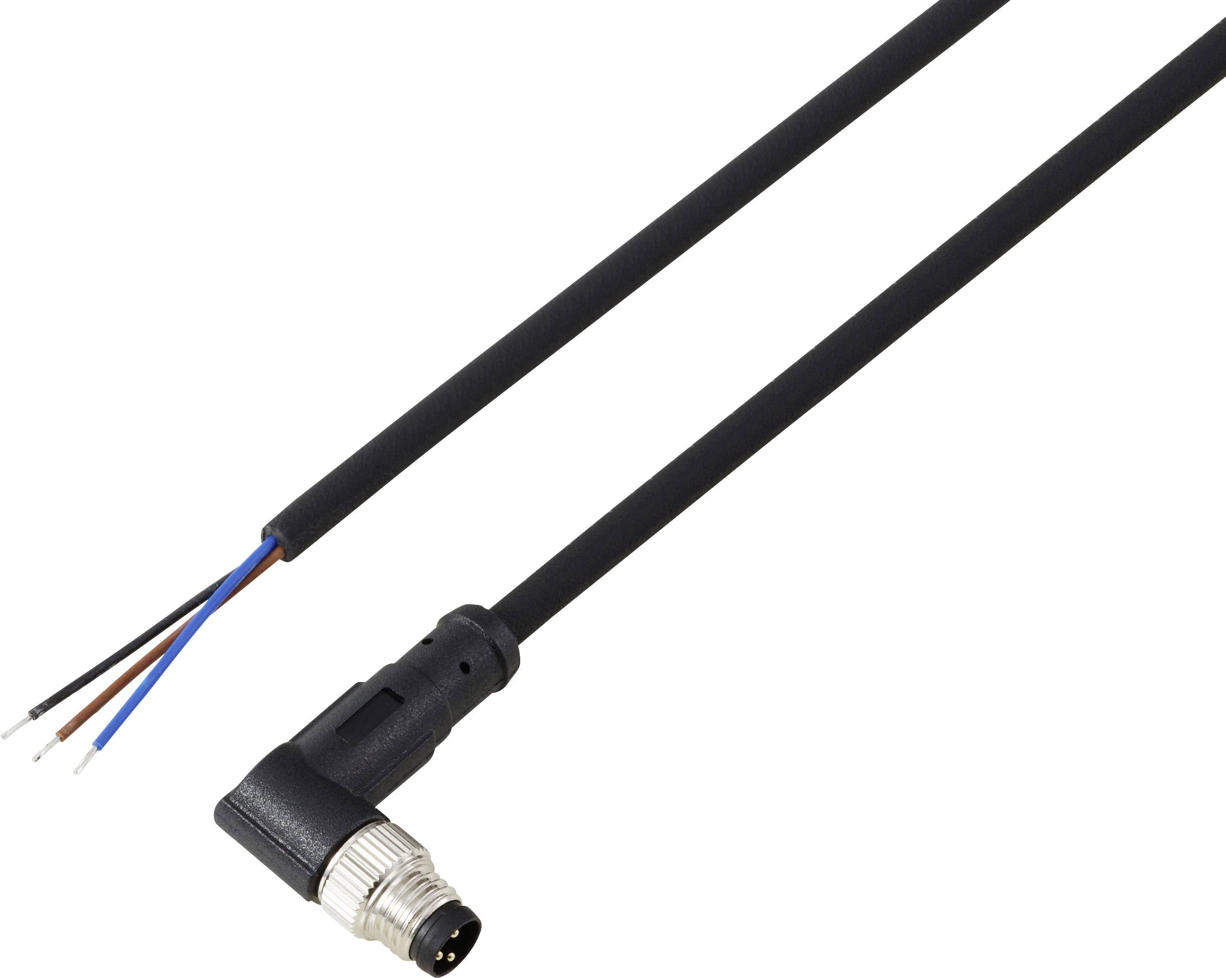 Ein schwarzes Kabel mit einem Winkelstecker und vier freigelegten Drähten an einem Ende, das für elektrische oder Datenverbindungen verwendet wird.