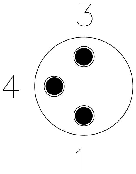 Diagramm eines kreisförmigen Steckverbinders mit drei Buchsen im Inneren. Die Nummern 3, 4 und 1 sind um den äußeren Kreis herum beschriftet.