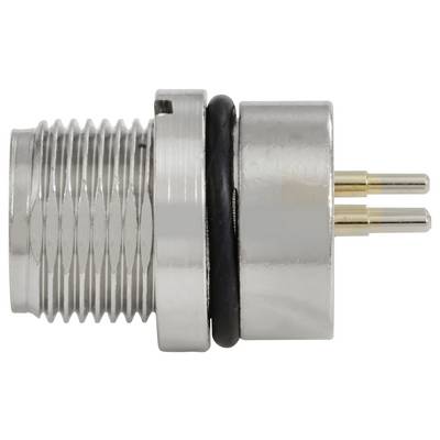 Ein metallischer zylindrischer elektrischer Stecker mit zwei Goldstiften und einem schwarzen Ring, geeignet für industrielle Anwendungen.