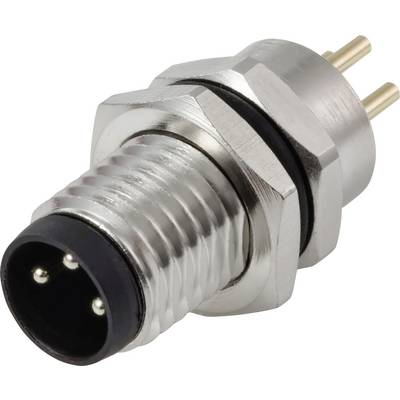 Ein metallischer Zylinder-Verbinder mit drei Pins, geeignet für Audio- oder Datentransfer, mit verschraubter Außenseite und schwarzer Basis.