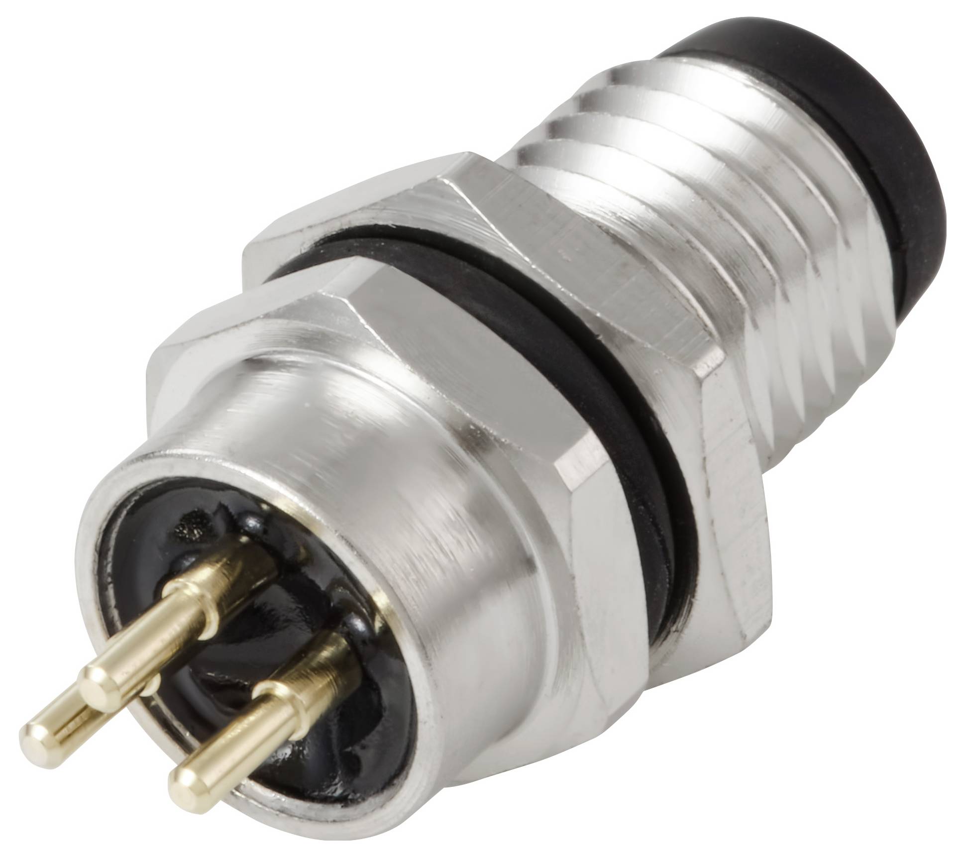 Ein Nahaufnahme eines Metallsteckers mit drei goldenen Kontakten und einer sechseckigen Form, der für elektronische Geräte konzipiert ist.