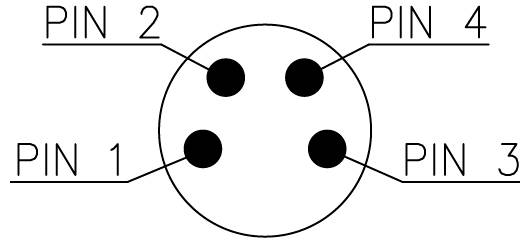 Diagramm eines 4-poligen Steckverbinders, im Uhrzeigersinn beschriftet: PIN 1, PIN 2, PIN 4, PIN 3. Jeder Pin wird durch einen schwarzen Kreis dargestellt.