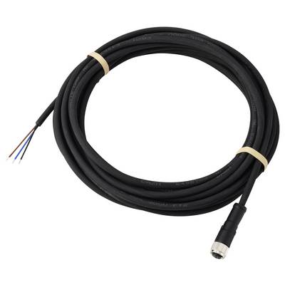 Ein gewickeltes schwarzes Kabel mit einem Anschluss an einem Ende und freigelegten Drähten (rot, blau, weiß) am anderen Ende, mit Bändern gesichert, auf weißem Hintergrund.