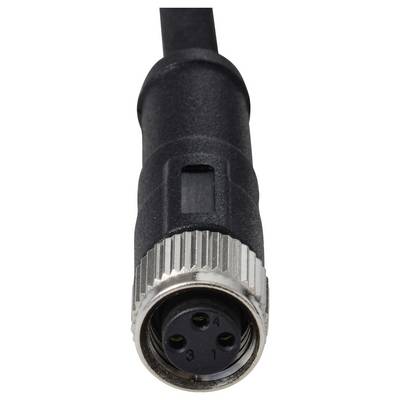 Nahaufnahme eines schwarzen und silbernen industriellen Anschlussstücks mit vier Kontaktstiften, das für sichere elektrische Verbindungen in Maschinen oder Ausrüstung verwendet wird.