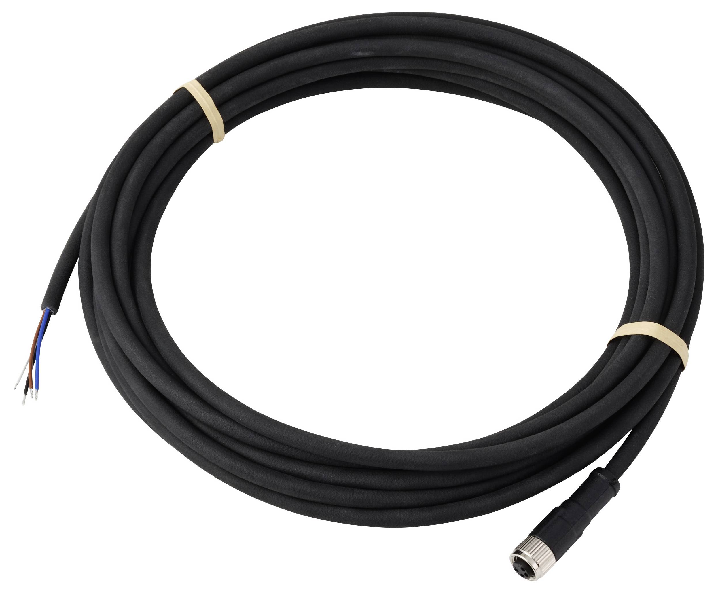 Ein gewickeltes schwarzes Kabel mit freigelegten Drähten an einem Ende und einem Metallstecker am anderen Ende, gesichert mit beigen Gummibändern.
