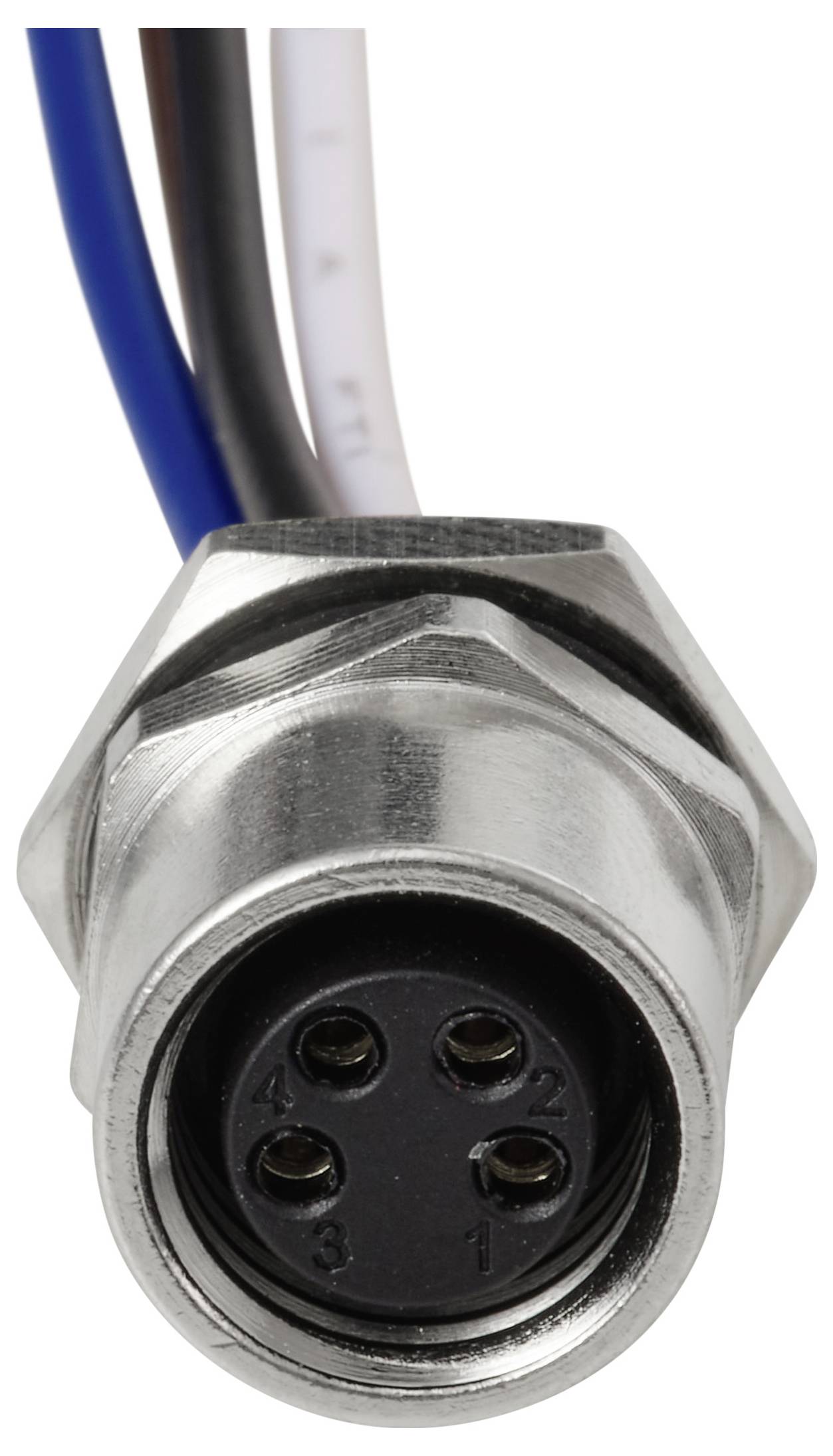 Ein elektrischer Metallstecker mit vier Pins und angeschlossenen blauen, schwarzen und weißen Kabeln, der für sichere elektrische Verbindungen konzipiert ist.
