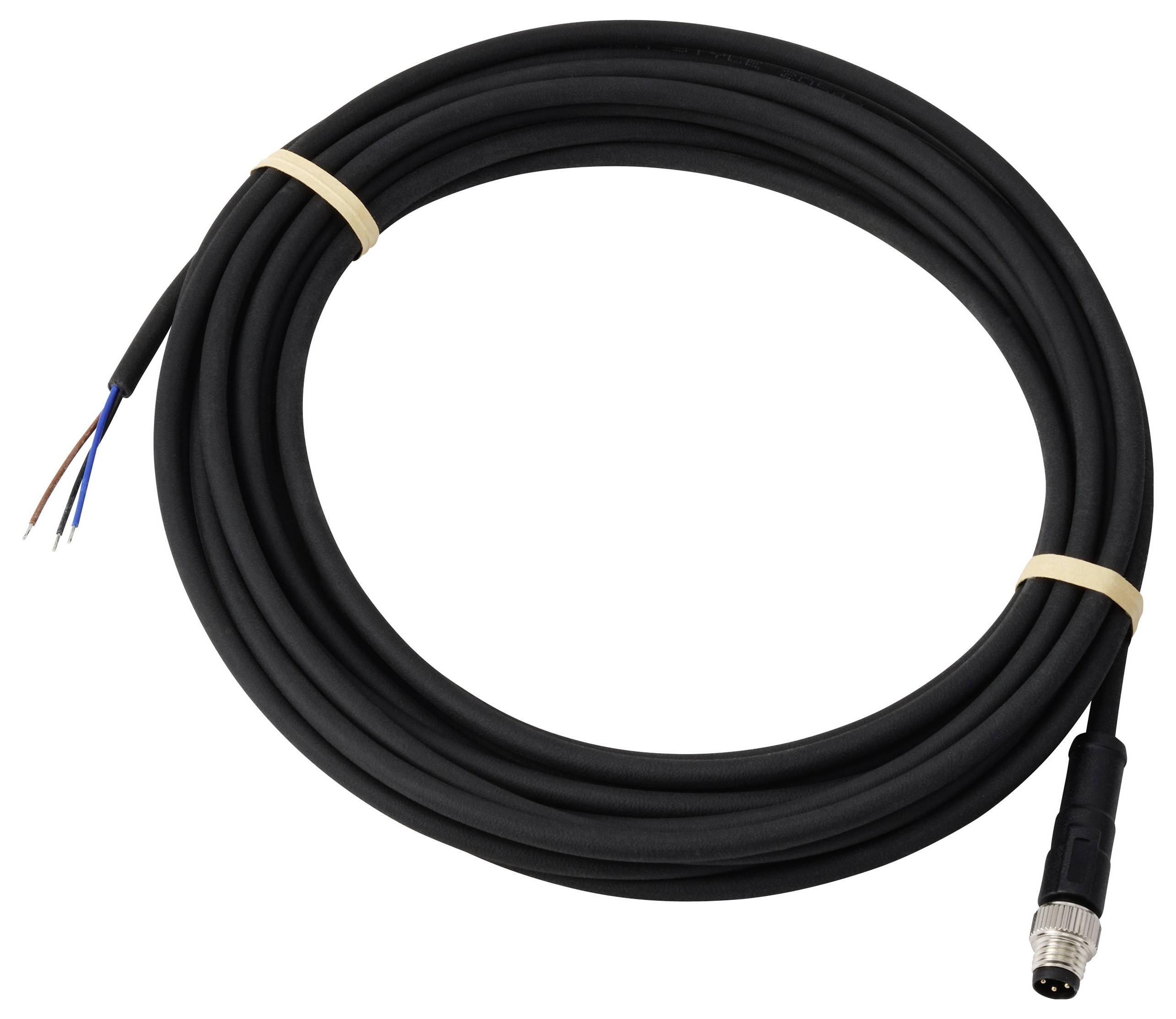 Ein aufgerolltes schwarzes elektrisches Kabel mit vier freiliegenden Drähten an einem Ende und einem Metallstecker am anderen Ende, gesichert durch Gummibänder.