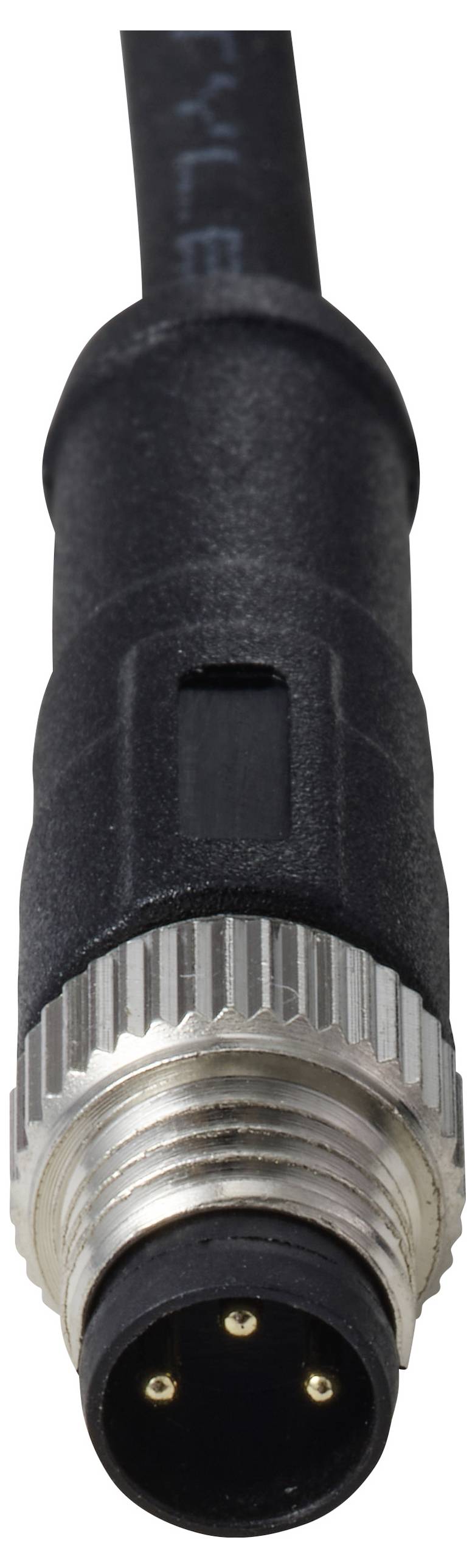 Ein schwarzer zylindrischer Stecker mit vier goldenen Pins, umgeben von einem silbernen Metallring, angeschlossen an ein schwarzes Kabel.