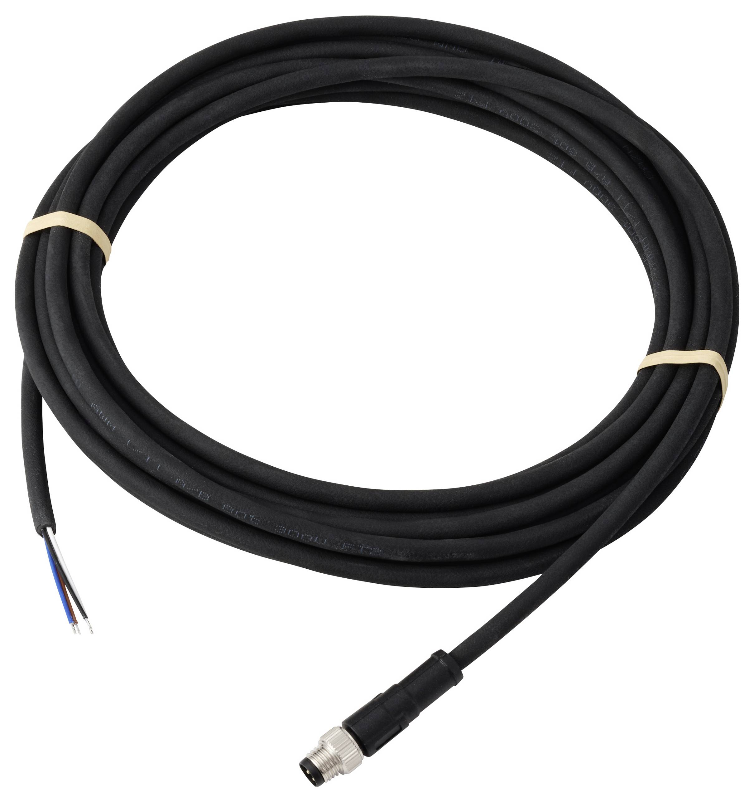 Ein gewickeltes schwarzes Kabel mit einem Anschluss an einem Ende und freiliegenden Drähten am anderen Ende, mit Gummibändern zur Organisation gesichert.