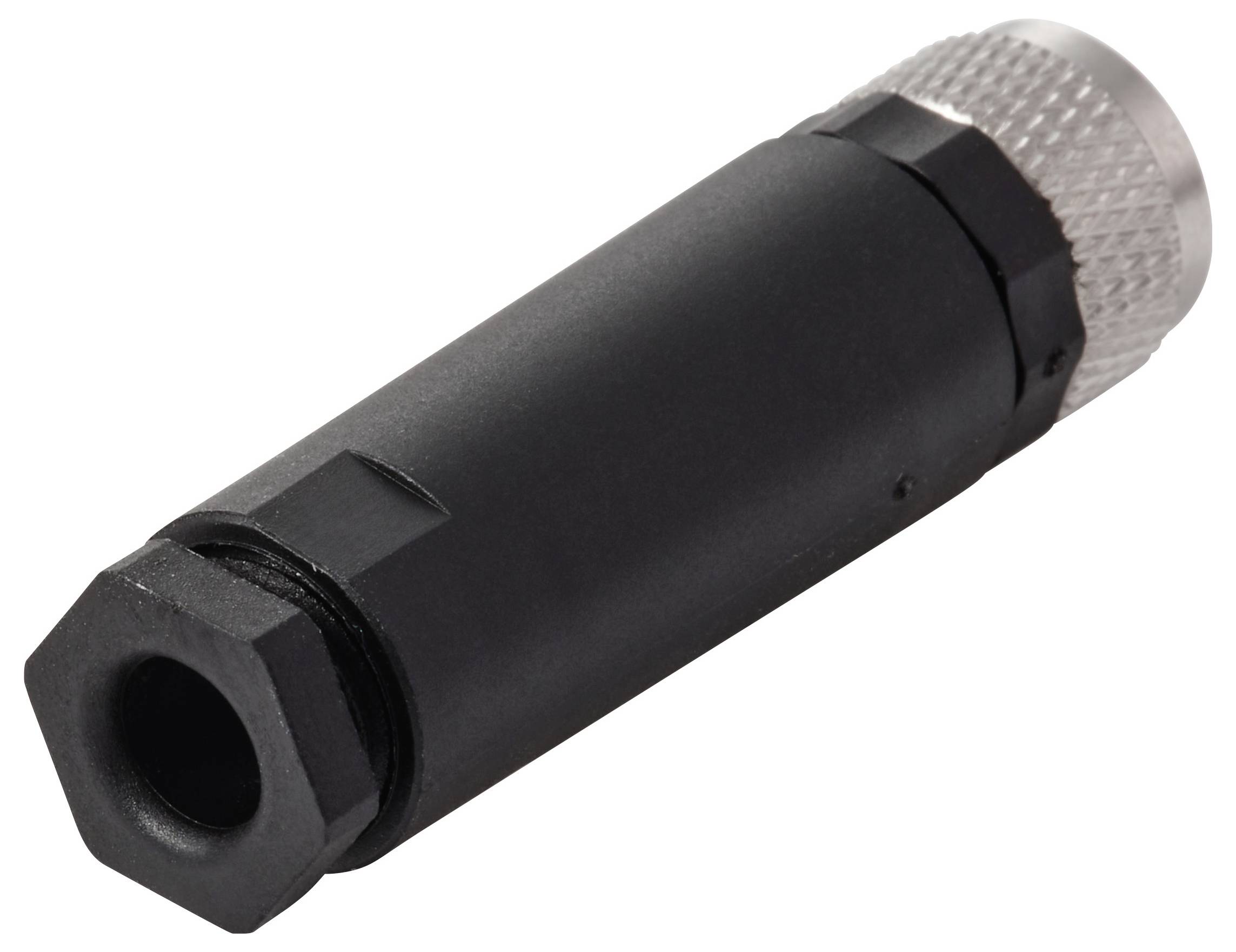 Ein schwarzer und silberner Audio-Klinkenstecker-Adapter, der vor einem weißen Hintergrund gezeigt wird.