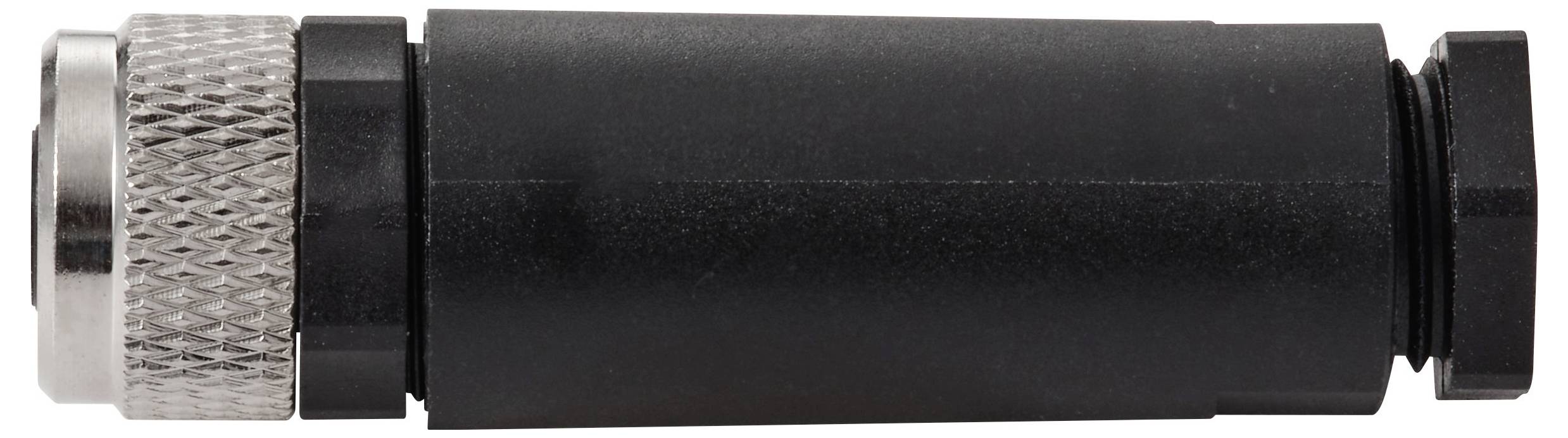 Ein zylindrischer, schwarzer Koaxial-Kabelstecker mit einem silbernen gerillten Griff am linken Ende, konzipiert für sichere elektrische Verbindungen.