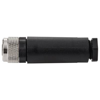 Ein zylindrischer, schwarzer Koaxial-Kabelstecker mit einem silbernen gerillten Griff am linken Ende, konzipiert für sichere elektrische Verbindungen.