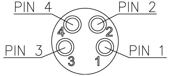 Diagramm eines 4-poligen elektrischen Anschlusses. Stifte von 1 bis 4, im Uhrzeigersinn beginnend von unten rechts. Jeder Stift mit seiner Nummer und Position beschriftet.