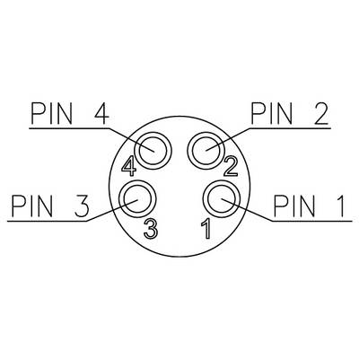 Diagramm eines 4-poligen elektrischen Anschlusses. Stifte von 1 bis 4, im Uhrzeigersinn beginnend von unten rechts. Jeder Stift mit seiner Nummer und Position beschriftet.