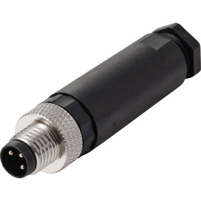 Ein schwarzer, zylindrischer Elektroverbinder mit einem metallfadenartigen Ende und drei sichtbaren Kontaktstiften, der typischerweise für industrielle Anwendungen verwendet wird.