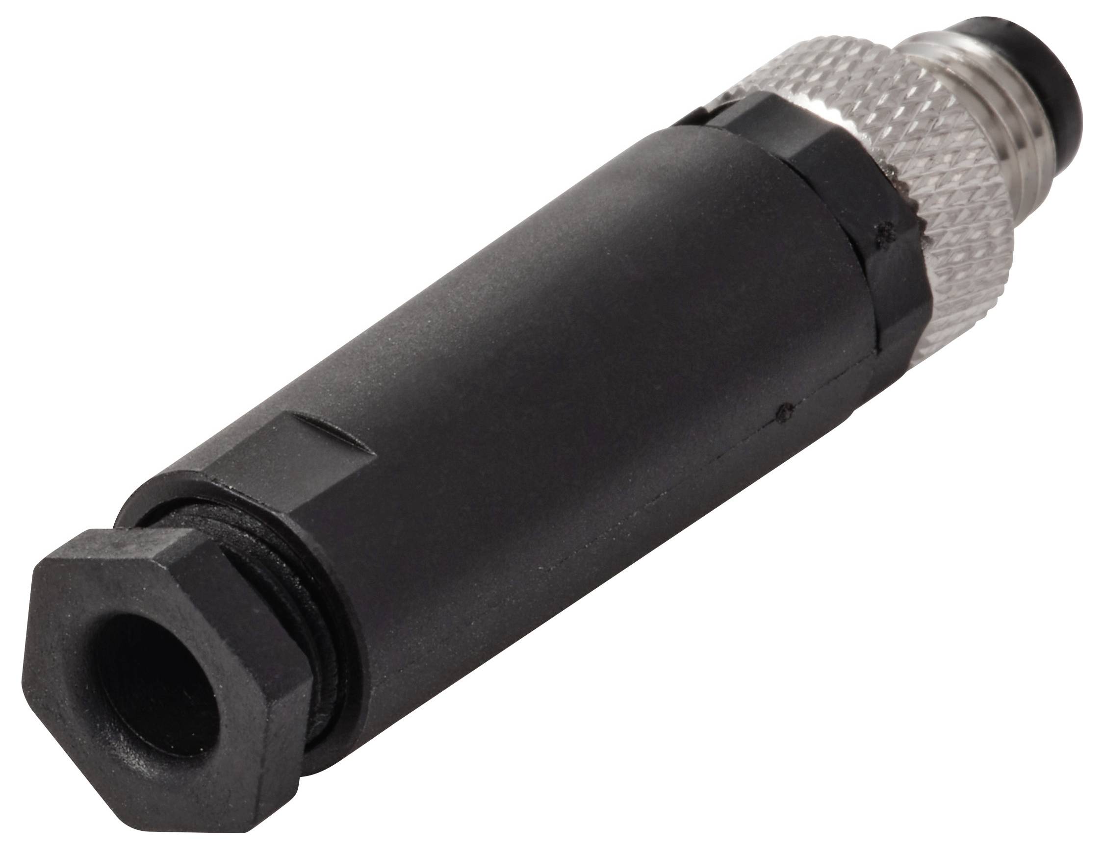 Ein schwarzer und silberner zylindrischer Verbinder mit strukturiertem Griff und sechseckiger Basis.