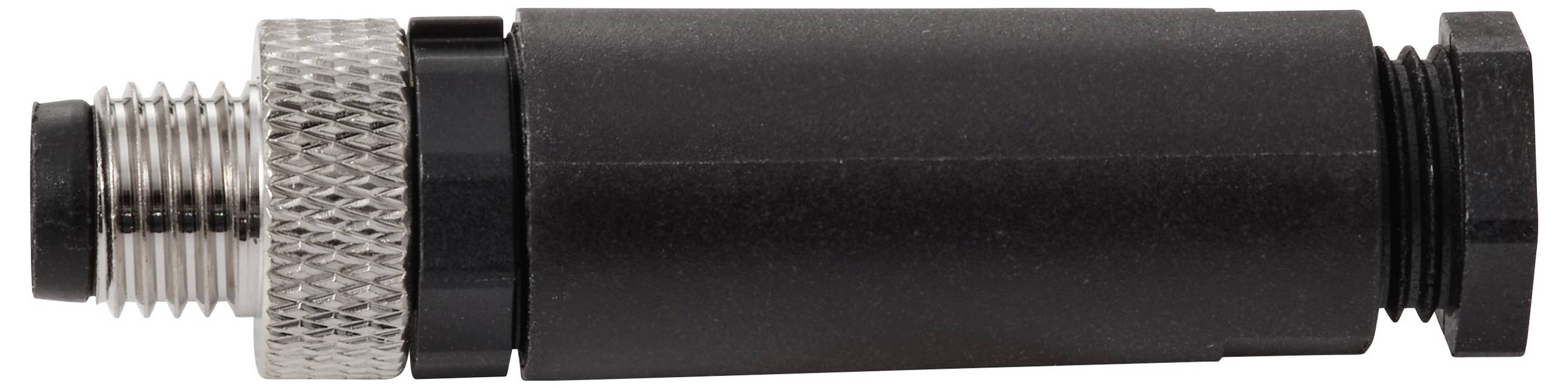 Ein zylindrischer, metallischer Verbindungsstecker mit einer strukturierten Griffzone, geeignet zum Anschluss elektrischer Komponenten.