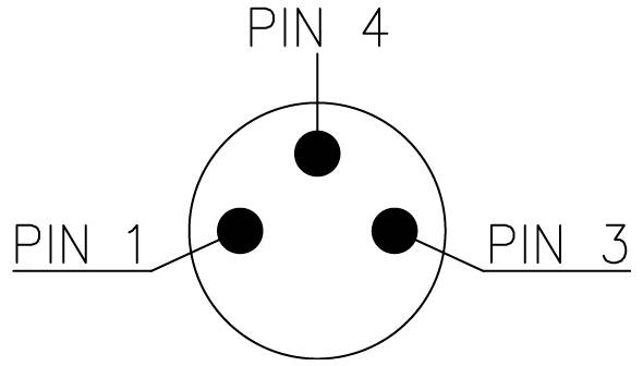 Diagramm eines kreisförmigen 3-poligen Steckverbinders, beschriftet mit 'PIN 1', 'PIN 3' und 'PIN 4', der die Anordnung und Positionen der Pins veranschaulicht.