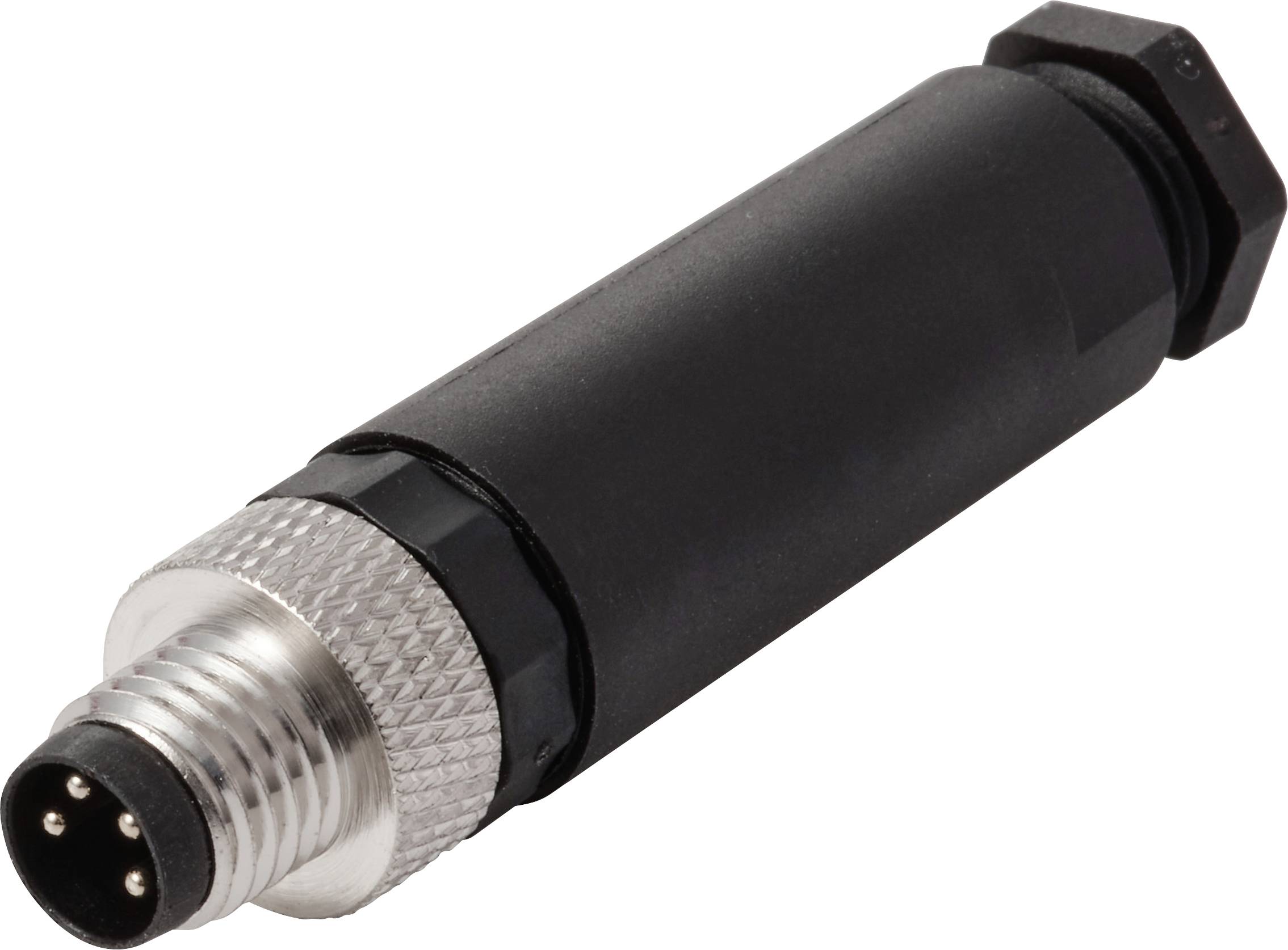 Ein zylindrischer Anschluss mit schwarzem Gehäuse und Metallende, ausgestattet mit vier Pins, verwendet für industrielle oder elektronische Verbindungen.