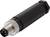 Ein zylindrischer Anschluss mit schwarzem Gehäuse und Metallende, ausgestattet mit vier Pins, verwendet für industrielle oder elektronische Verbindungen.