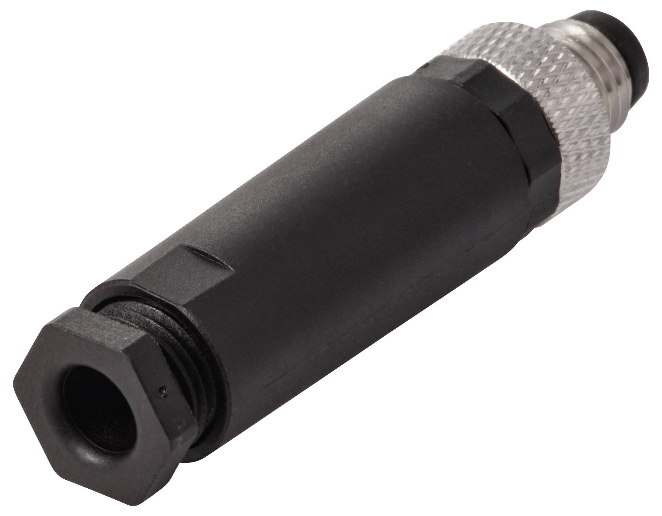 Ein schwarzer zylindrischer elektronischer Stecker mit silberfarbener Metallendkappe und sechseckiger Befestigungsmutter, verwendet zum Verbinden elektrischer Schaltkreise.