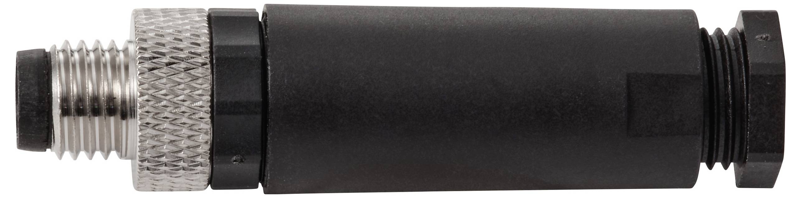Ein schwarzer und silberner M12-Flanschanschluss mit einer zylindrischen Form und einem Gewindeabschnitt für eine sichere Montage.