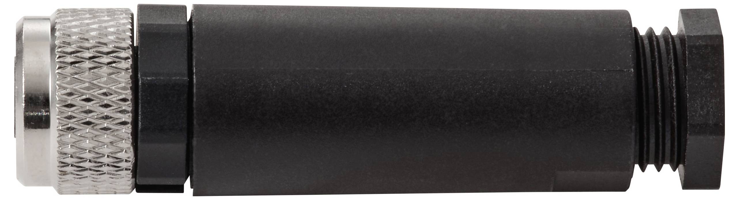 Eine Nahaufnahme eines schwarzen zylindrischen Verbinders mit einer metallisch strukturierten Griffoberfläche und einem Gewinde-Ende, der für elektronische oder Kommunikationsgeräte verwendet wird.