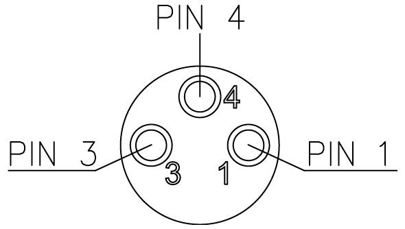 Diagramm eines 4-poligen Steckverbinders, von vorne betrachtet, mit den Anschlüssen 1, 3 und 4 in einer dreieckigen Anordnung um den Mittelpin herum.