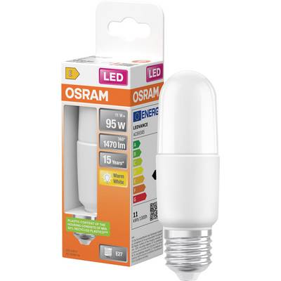 OSRAM LED-Glühbirne in Verpackung, 11W entspricht 95W, warmweiß, E27-Sockel, Energieeffizienzlabel sichtbar.